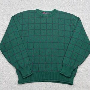 VTG Isle Of Cotton Sweater Men's Large Green Plaid Check Crew Pullover‎ USA Made
